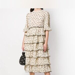 Ganni Cream and Black Tiered Midi Dress